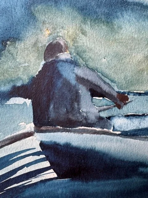 Watercolor brushwork showing distant mist, lake surface, and oar strokes in soft light.