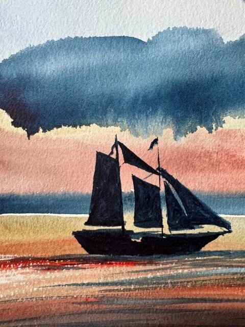 Silhouette of a three-sail boat painted in dark tones against a golden sky in watercolor.