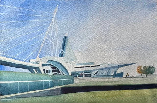 Original watercolor painting of the Milwaukee Art Museum featuring Calatrava's white architectural structure and blue sky background