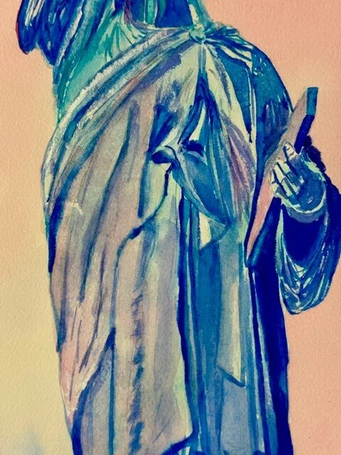 Close-up of the Statue of Liberty's raised arm and tablet with expressive brushwork.