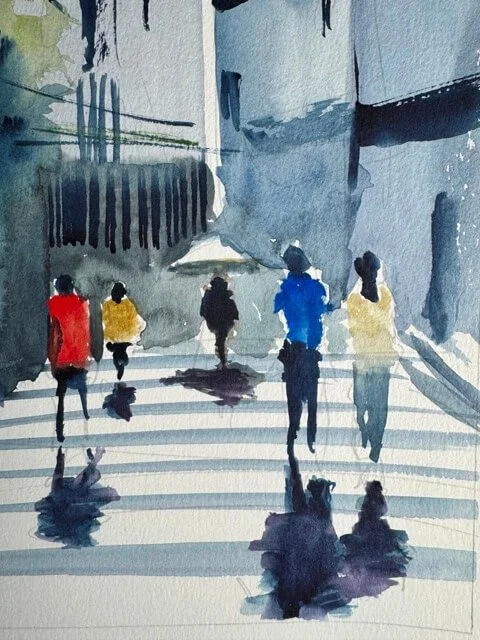 Close-up of silhouetted watercolor figures walking on a crosswalk in an urban setting