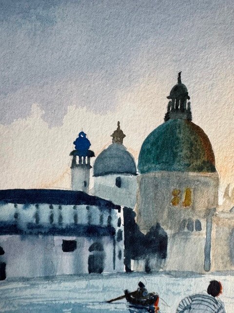 Detail of Venetian domes and architecture from a watercolor painting, bathed in soft sunset light
