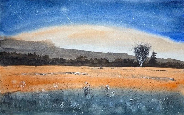 Original watercolor painting titled "Shooting Stars" showing a meteor-filled night sky over a golden field with silhouetted trees and a glowing white tree