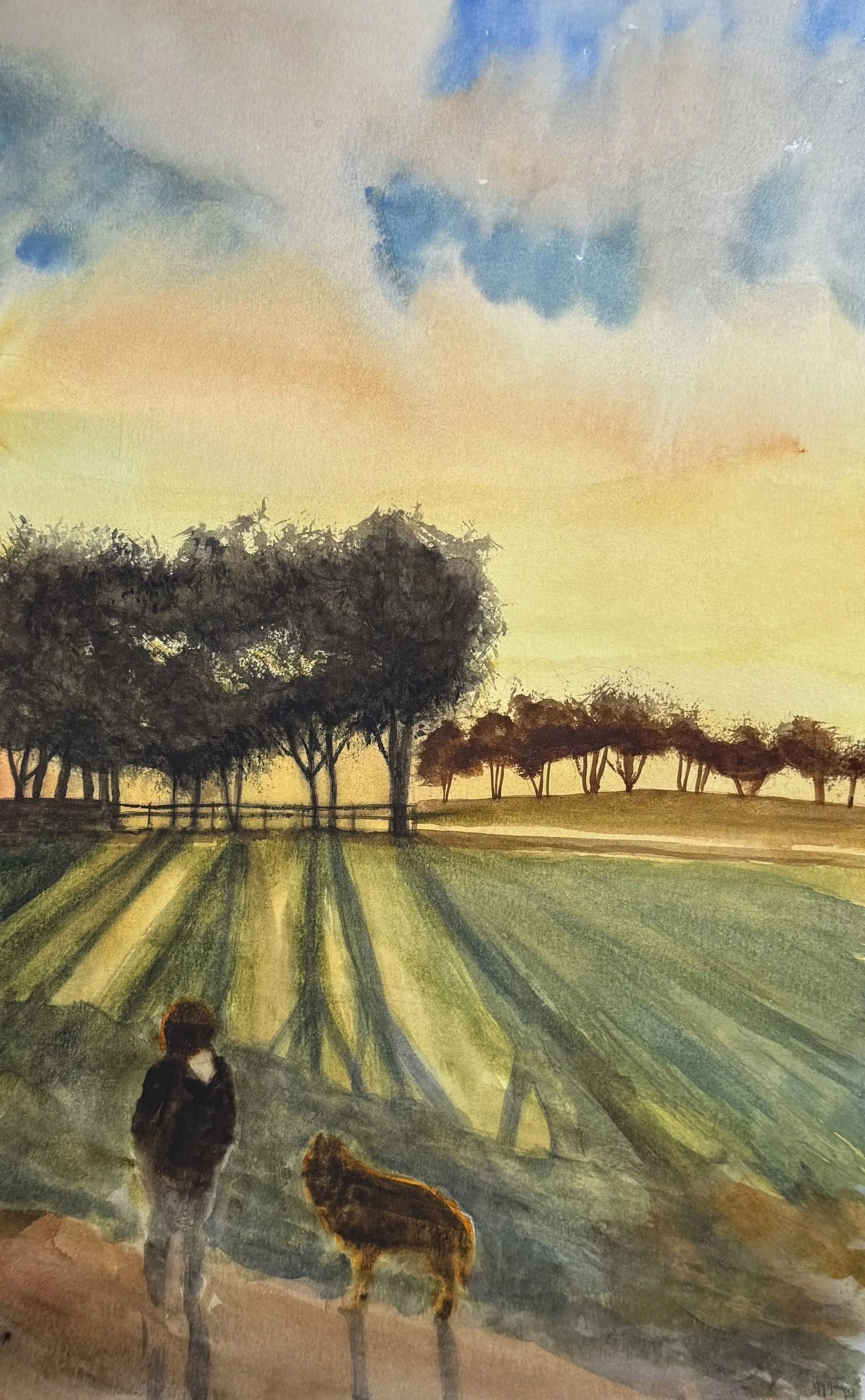 Original watercolor painting of a boy and his dog beside a field in warm evening light by Miguel Munoz.