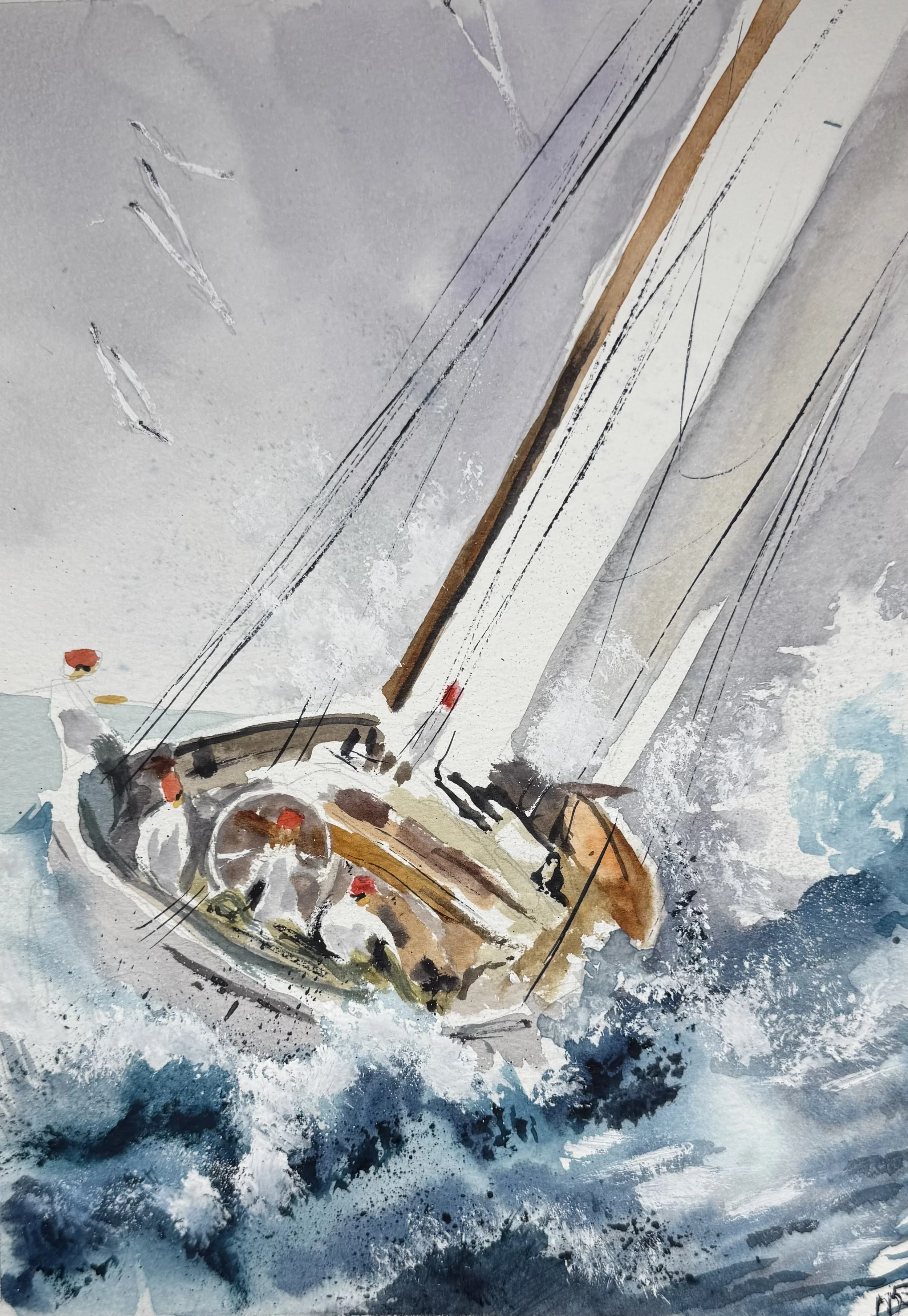 Original watercolor painting of a sailboat leaning into the wind as its crew navigates rough blue water beneath a large white sail, by Miguel Munoz.
