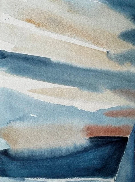Loose expressive watercolor brushstrokes showing abstract cloud forms in muted blue and tan.