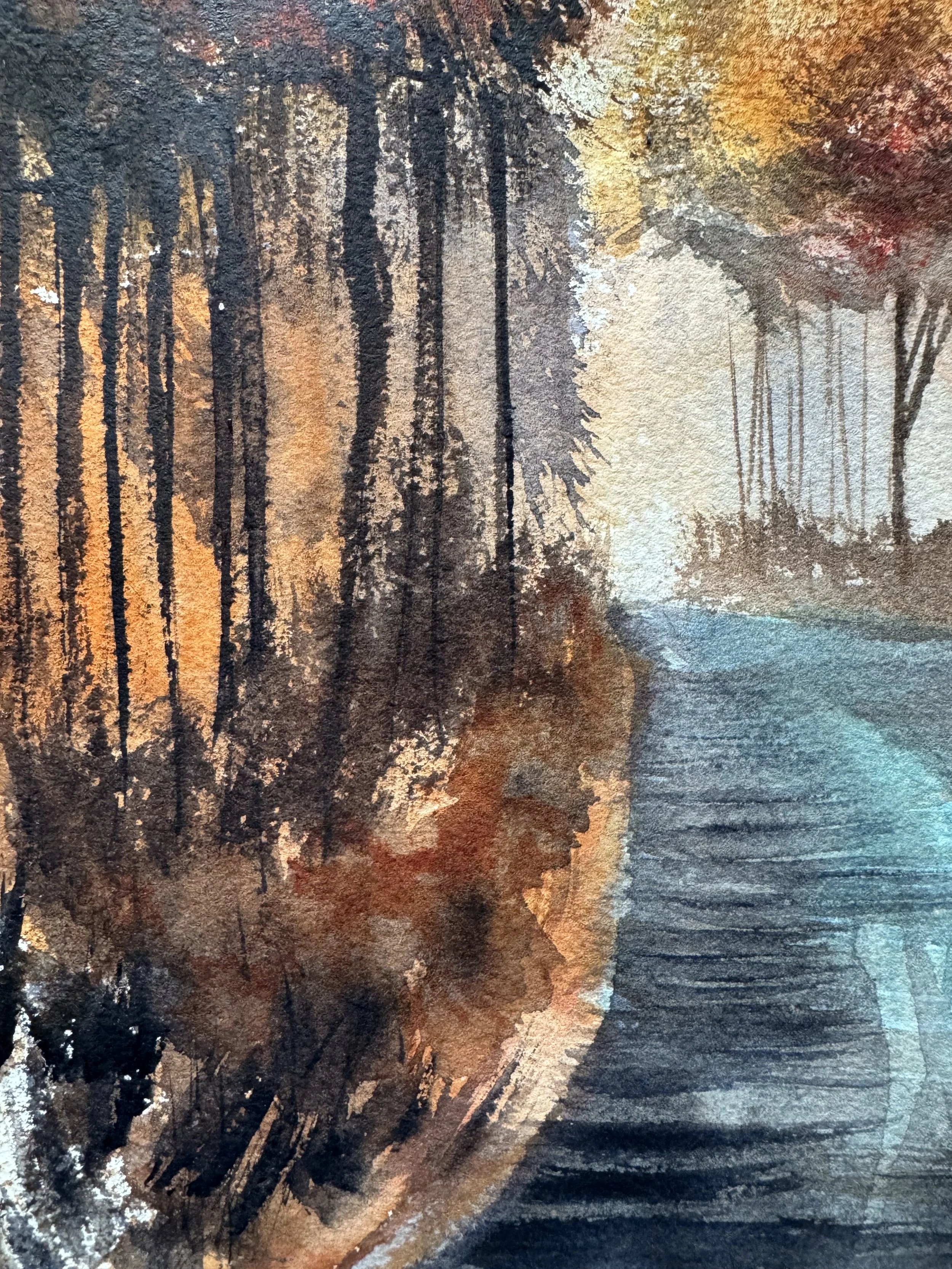 Tall dark tree trunks and warm brown foliage along a misty autumn path in watercolor