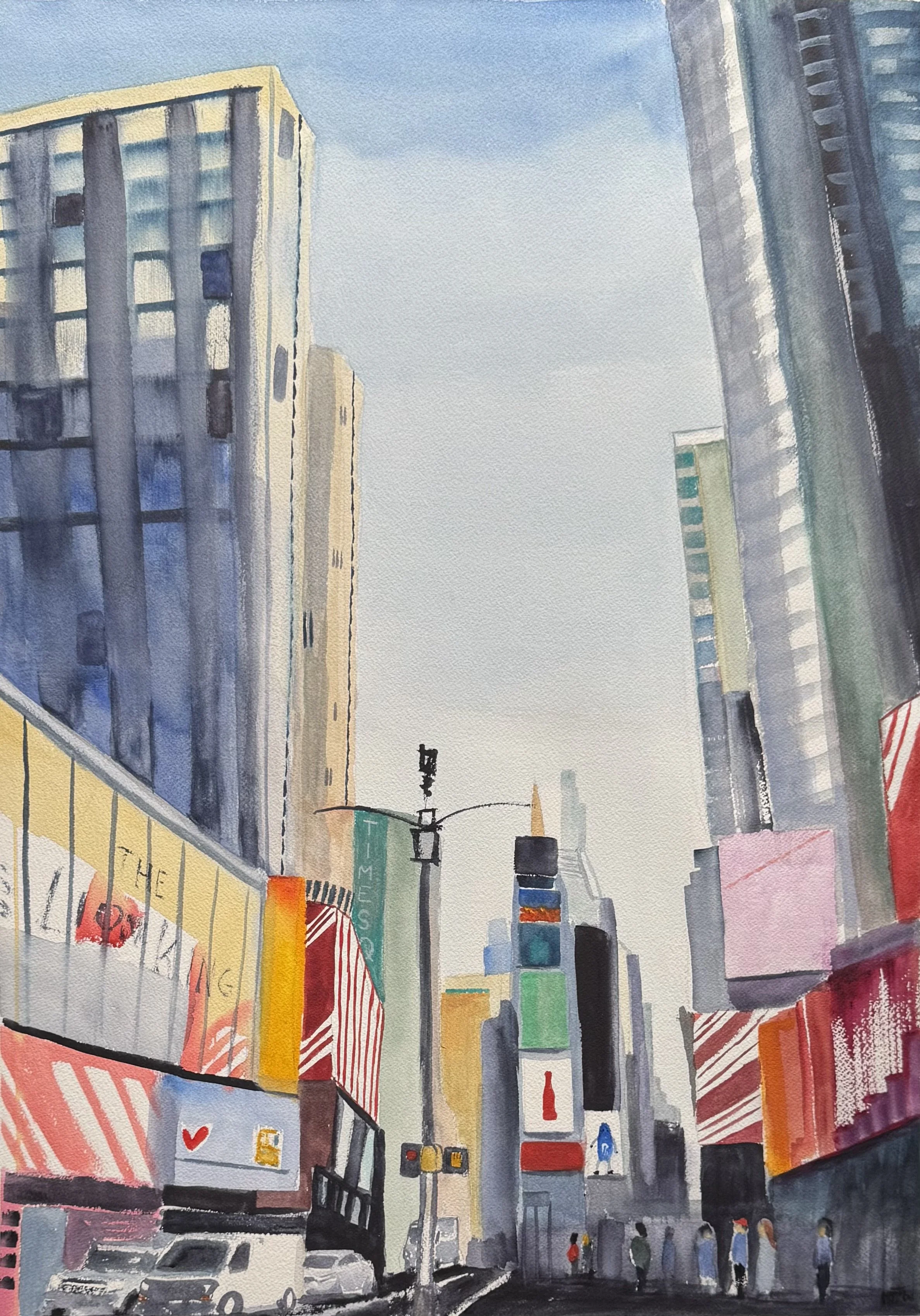 Original watercolor painting of Times Square in New York City with towering buildings, bright signs, pedestrians, and warm evening light by Miguel Munoz.