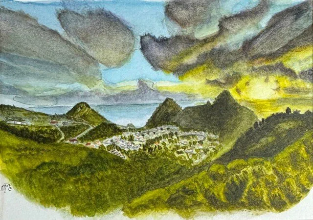 Watercolor painting of a green mountain village at sunset, with dramatic clouds and a glowing golden sky over the sea.