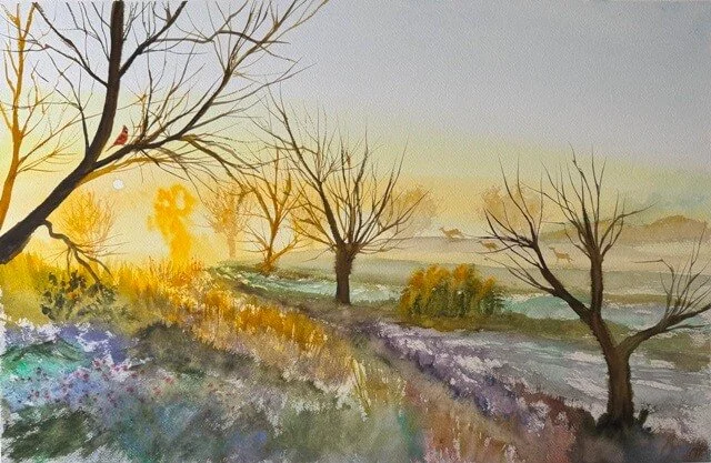 Watercolor painting of a misty sunrise landscape with bare trees, a red cardinal on a branch, and deer in the distance