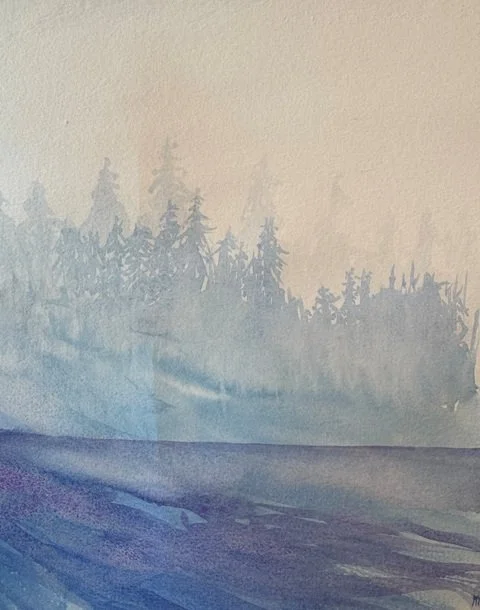 Close-up of light blue and purple washes suggesting mist and distant trees.