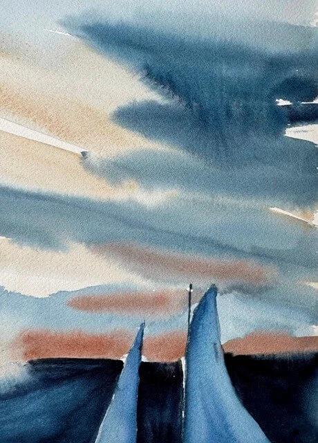 Watercolor detail of dramatic layered clouds in soft blue and earth tones above sailboat.