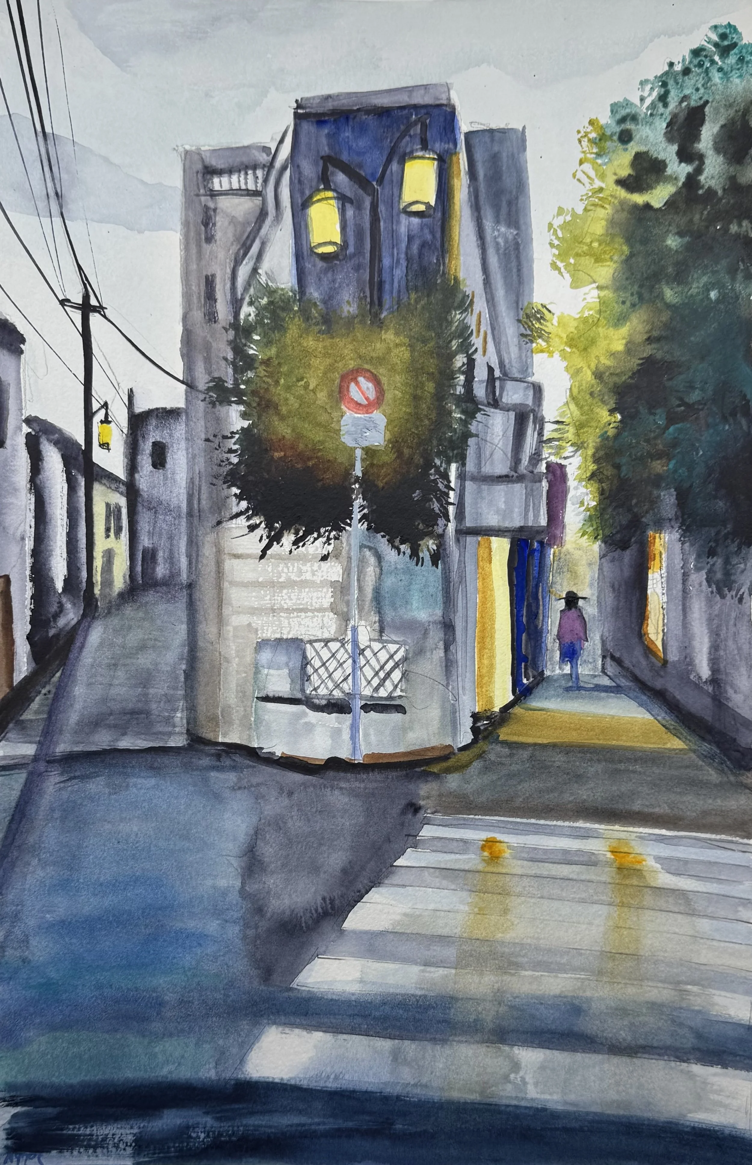Original watercolor painting of a quiet European street at dusk with glowing windows, a lone figure, and warm evening light by Miguel Munoz.