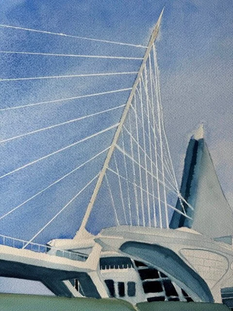 Detail of the architectural sail structure of the Milwaukee Art Museum in watercolor