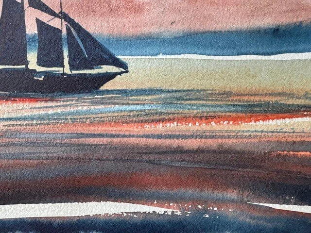 Close-up of layered brushwork capturing the shimmering sunset reflections on water in red, copper, and blue tones.