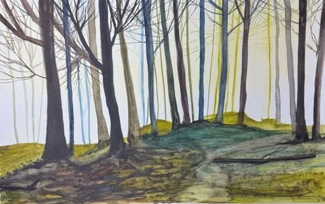Original watercolor painting titled "The Waiting Grove" featuring tall trees in a misty forest with layered greens and browns