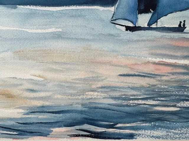 Close-up of rippling water reflecting soft blue and peach sunset tones in watercolor.