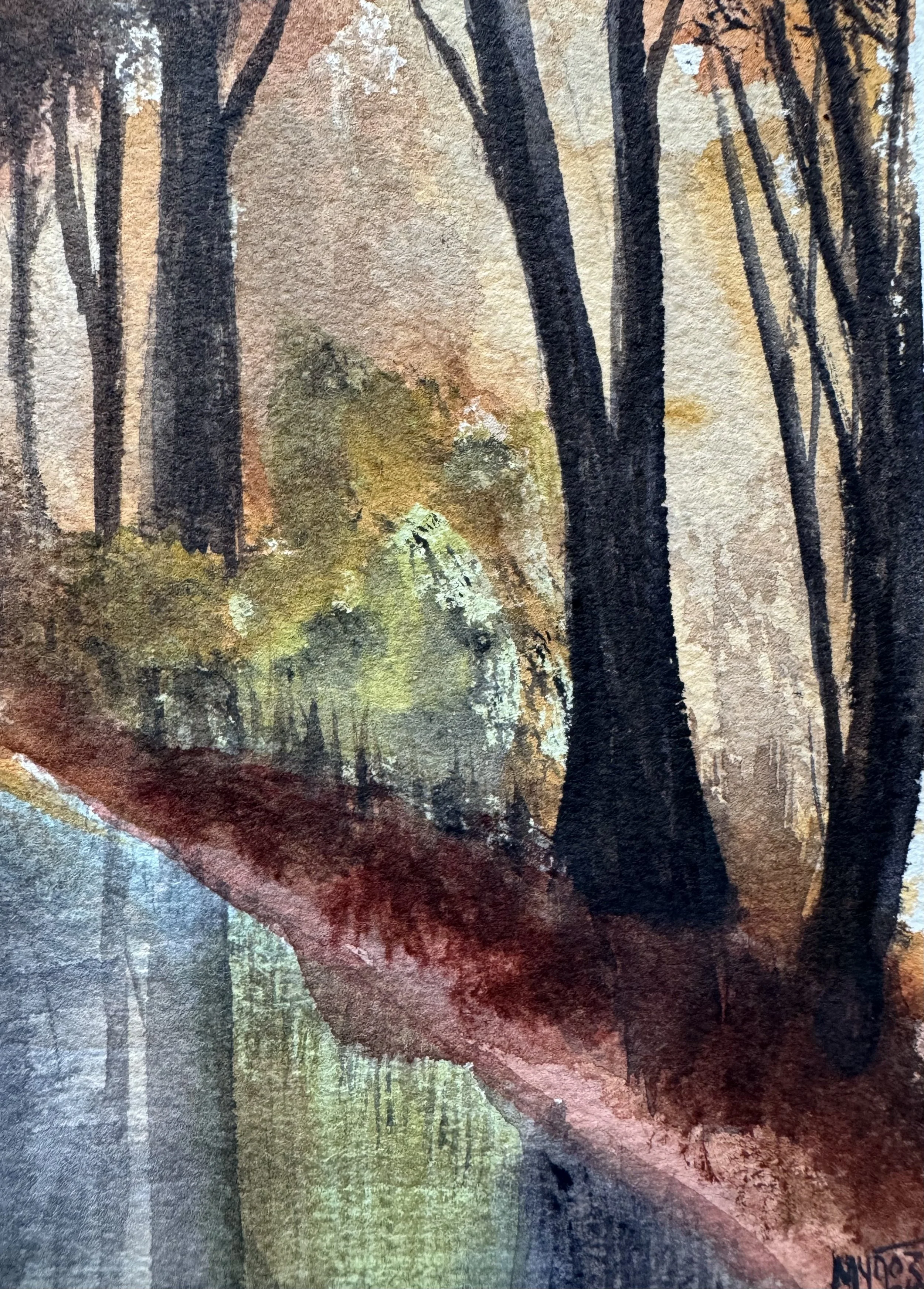 Soft green and yellow mossy ground beneath trees in a watercolor autumn forest