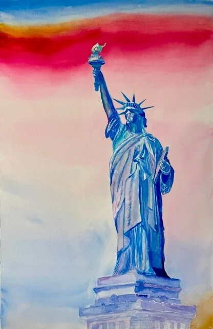 Watercolor painting of the Statue of Liberty against a red, pink, and blue sky, rendered in expressive blue tones