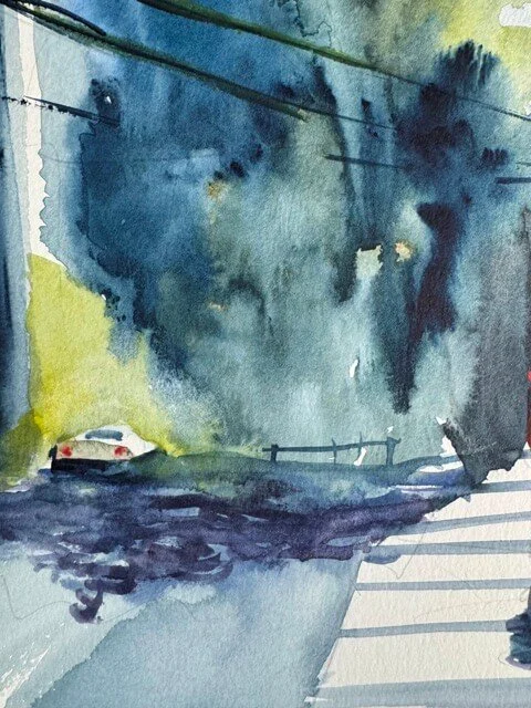 Watercolor street detail showing shadows, forest-like trees, and a parked white car