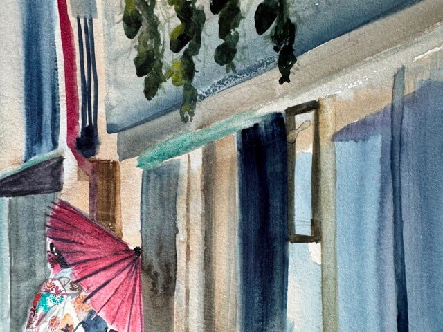 Detail of building facade and hanging greenery in Japanese street scene watercolor