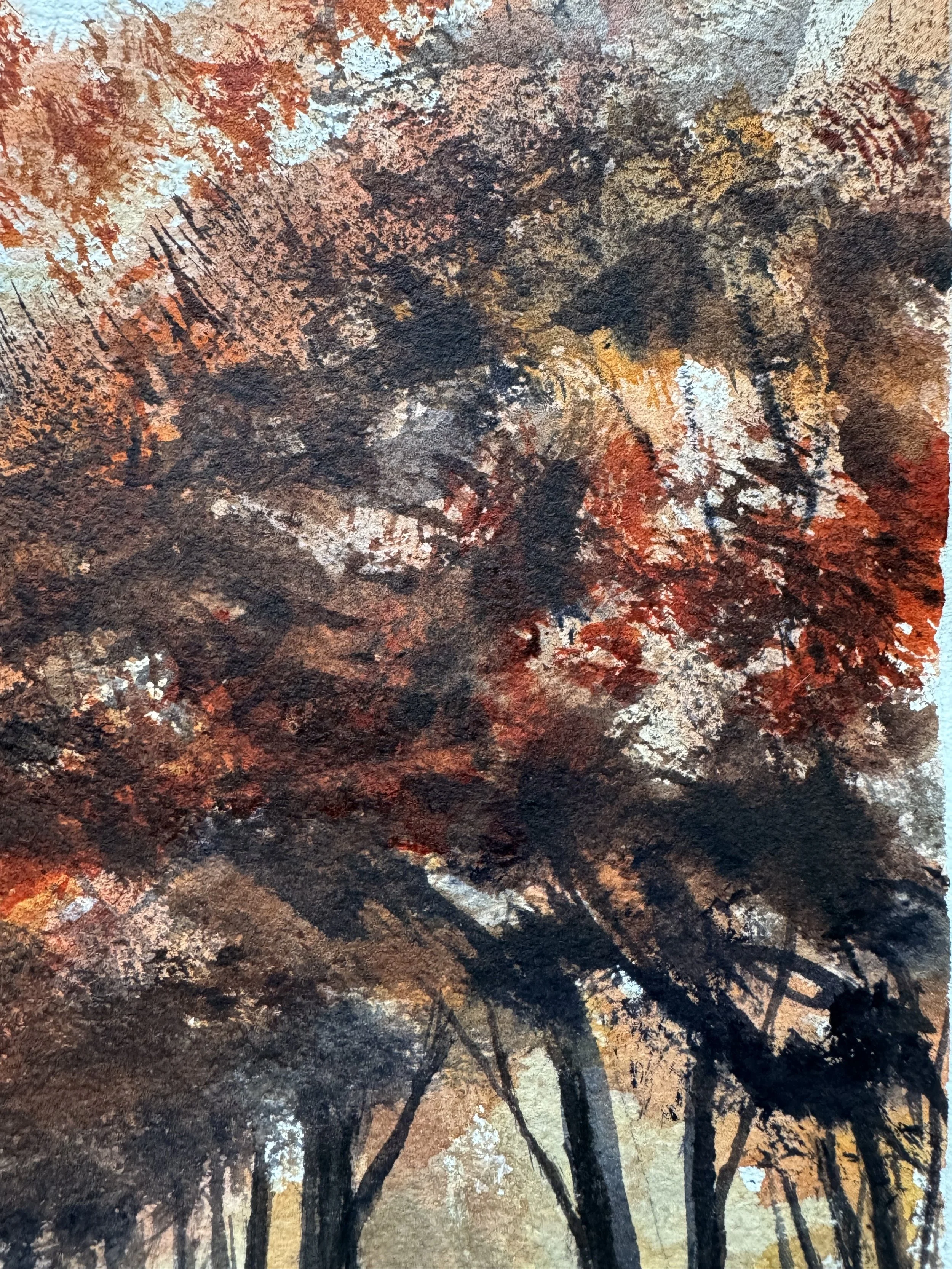 Close-up of textured red and brown leaves painted in expressive watercolor strokes