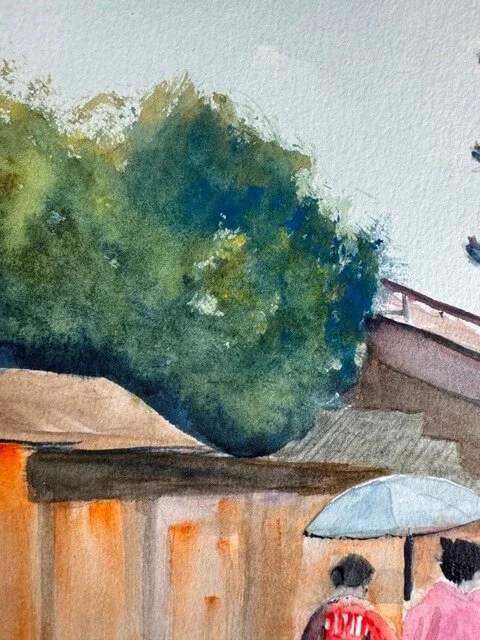 Green foliage above a traditional ochre wall in a Japanese street watercolor