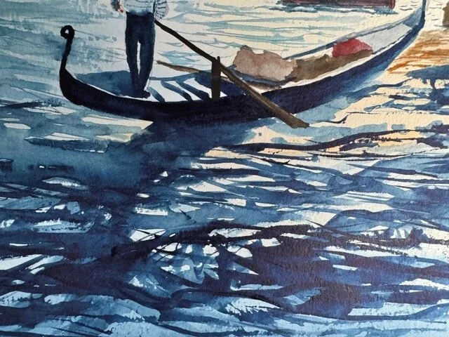 Dramatic indigo and blue brushstrokes representing moving water in a Venetian canal