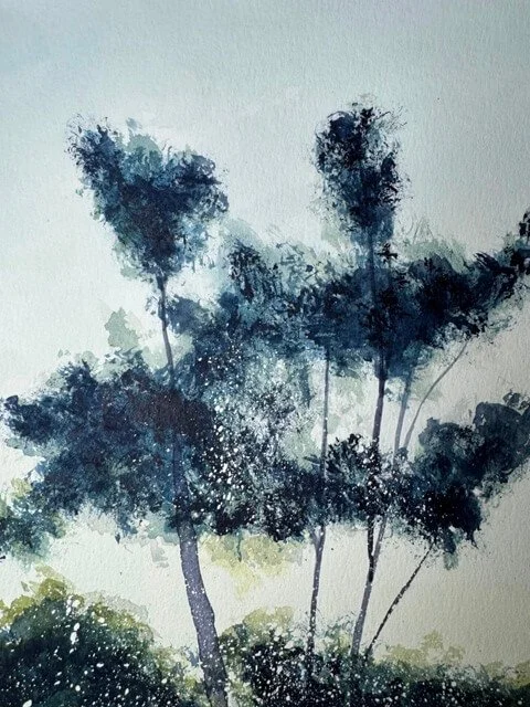 Close-up of treetops with expressive splatter technique
