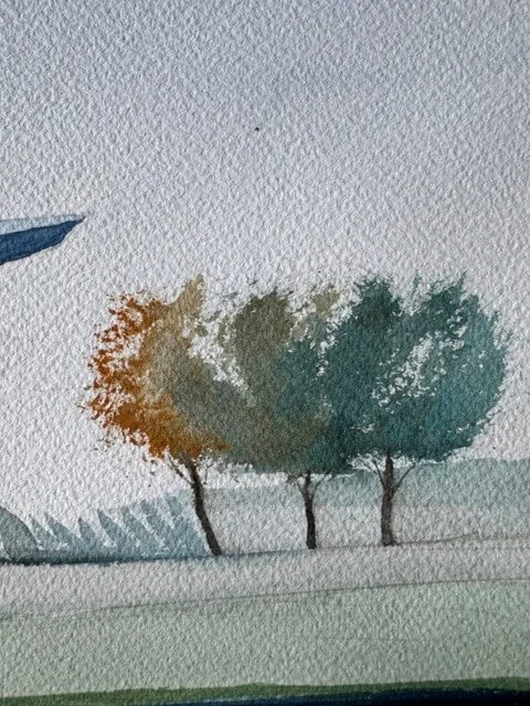 Autumn trees painted in watercolor near the base of the Milwaukee Art Museum
