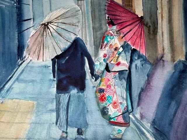 Close-up of watercolor couple walking hand-in-hand, one in kimono with red umbrella