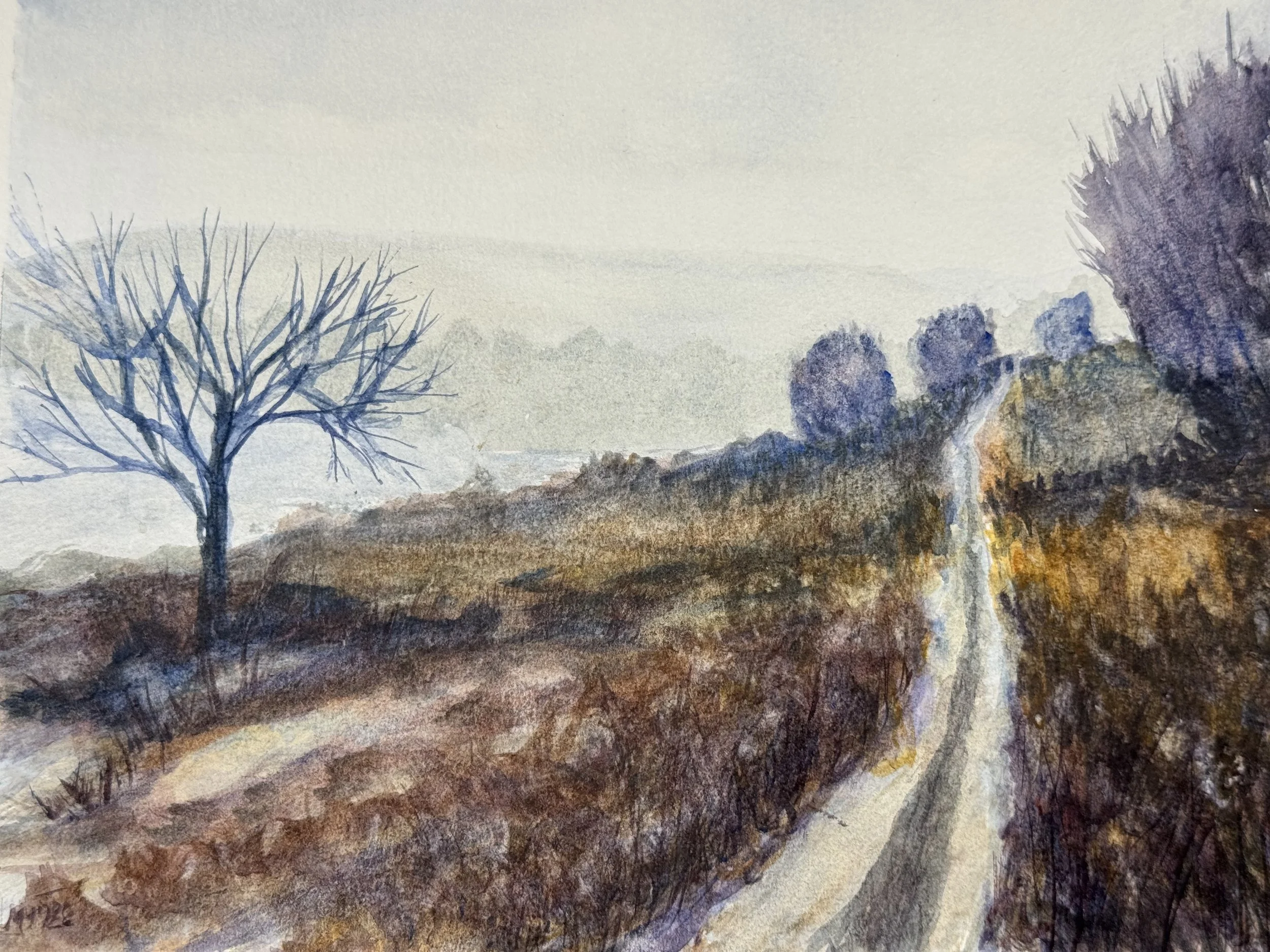 Original watercolor painting of a narrow path winding through winter grasses beside a bare tree, with warm light on the hillside beneath a pale sky, by Miguel Munoz.