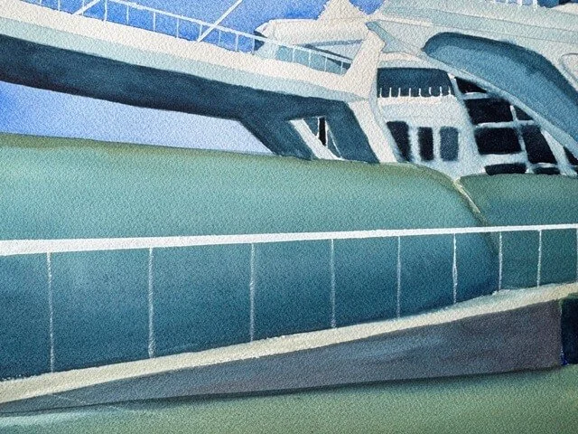 Watercolor detail of the museum's curved glass balcony and railings in the foreground
