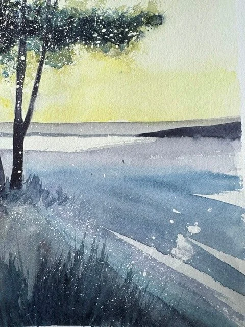 Hazy water and horizon detail from a watercolor painting