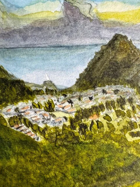 Close-up view of clustered village rooftops in center of watercolor painting