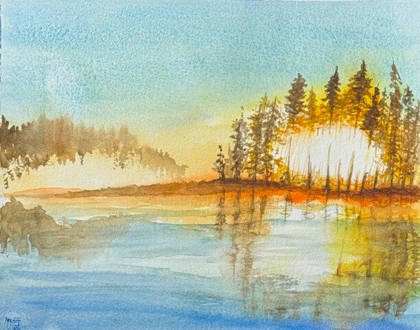 Original watercolor painting featuring a golden sunrise behind a forest, reflected on a calm lake