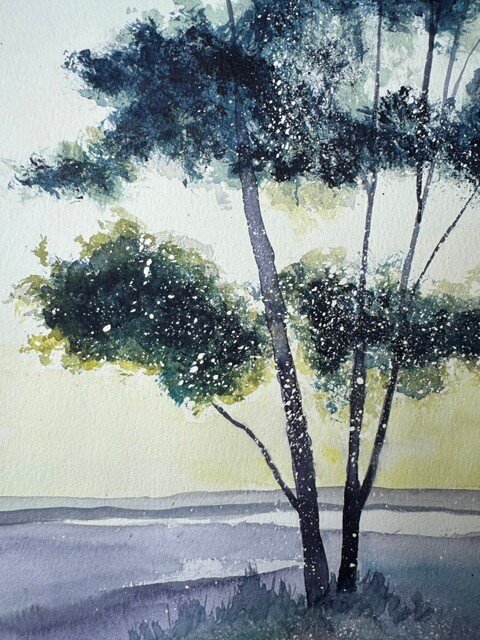 Branch and leaf texture detail in watercolor