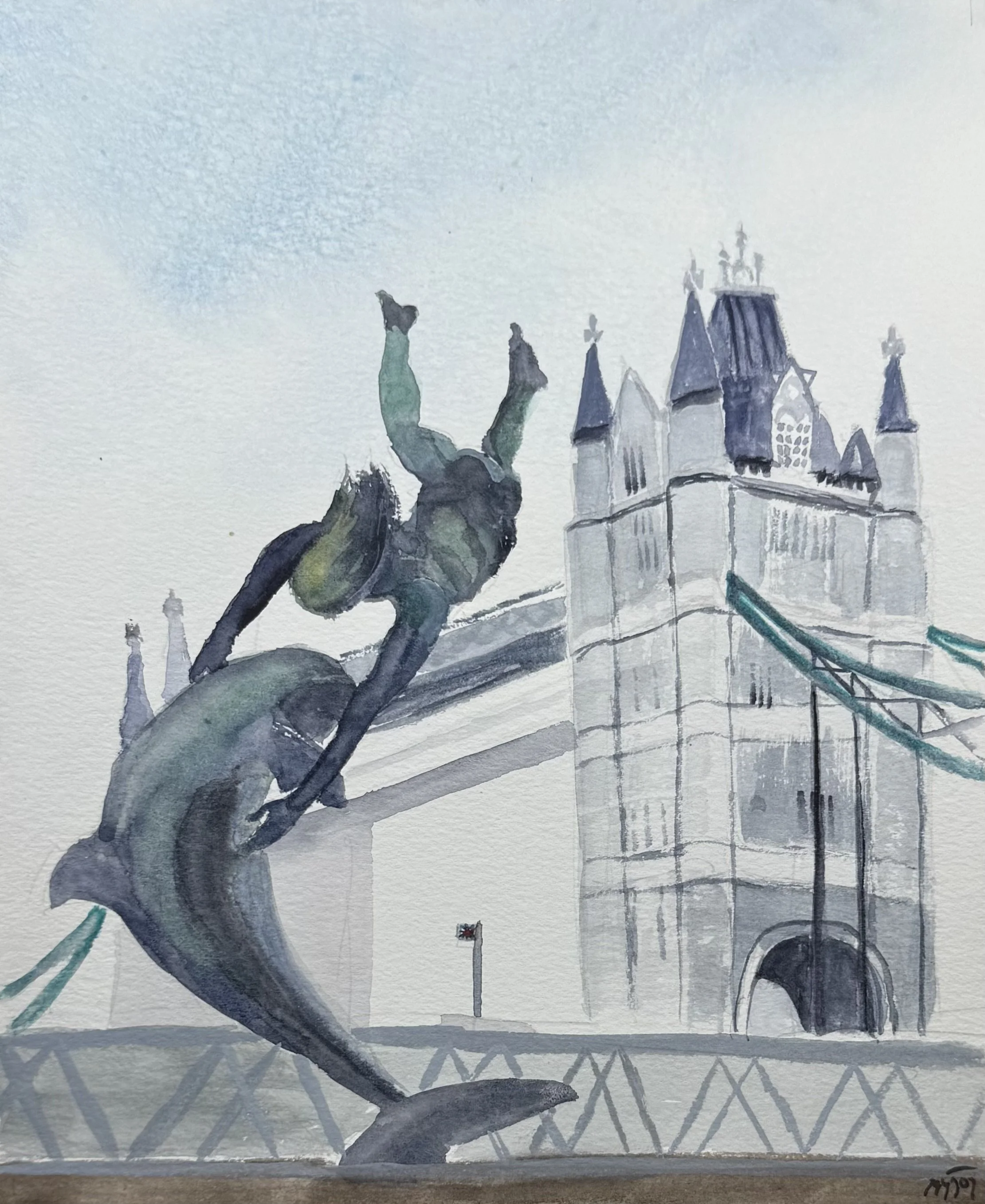 Leap of London original watercolor painting featuring London's Tower Bridge and dolphin sculpture by Miguel Munoz.