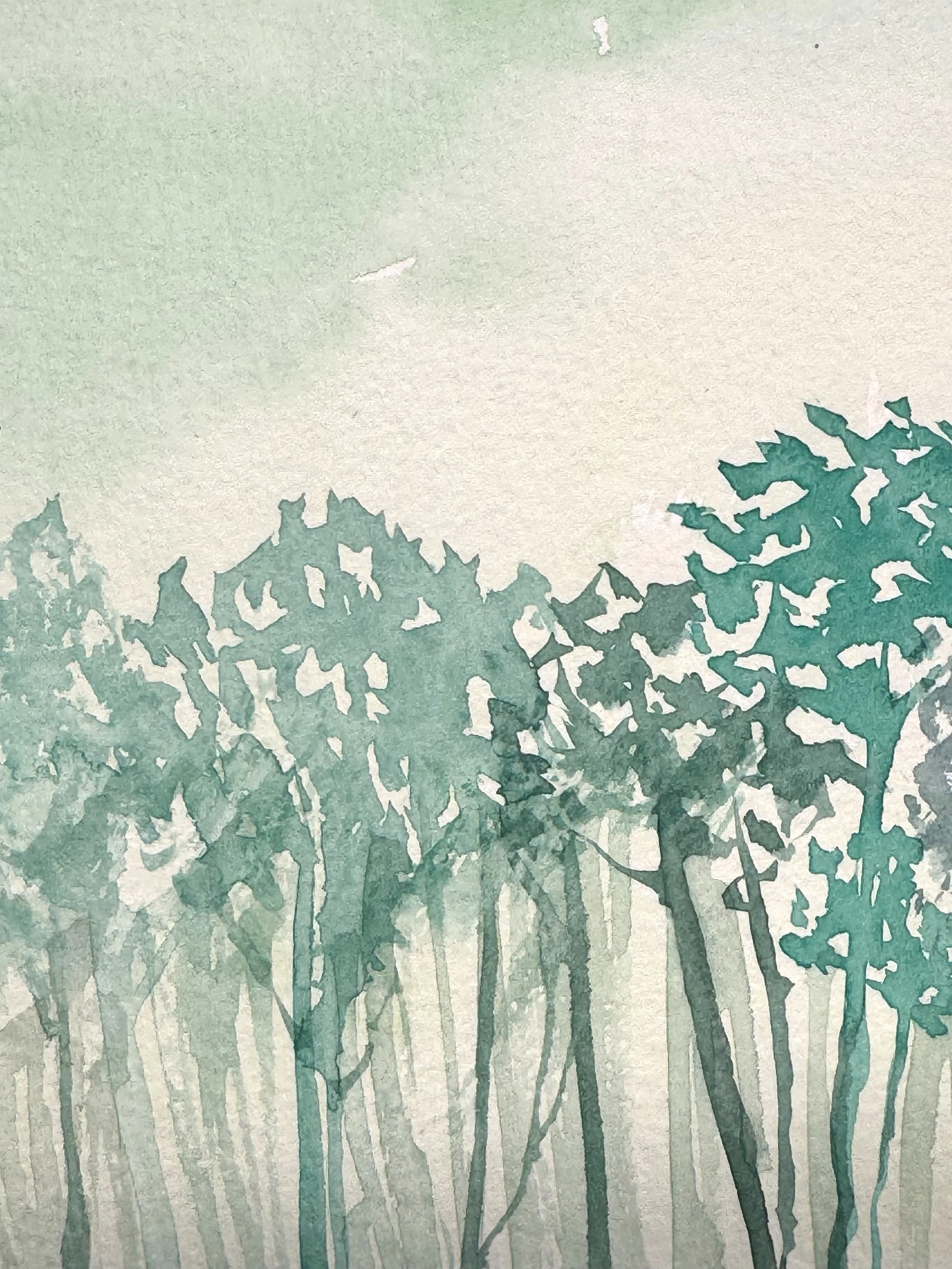 layered watercolor textures in forest scene