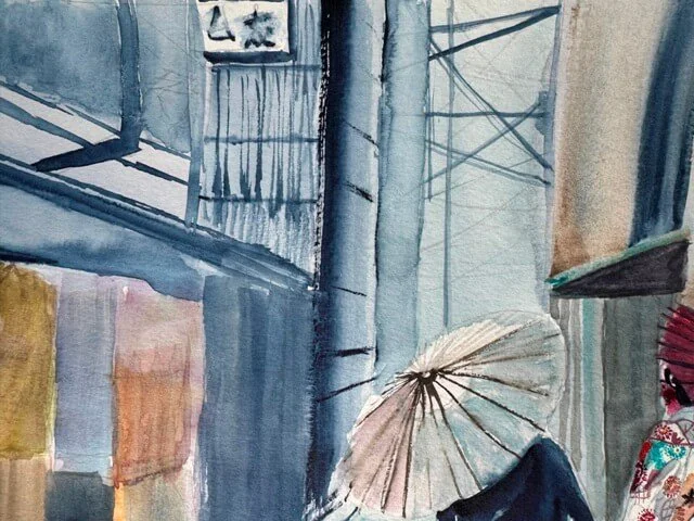 Watercolor detail showing Japanese rooftops, electric lines, and sky