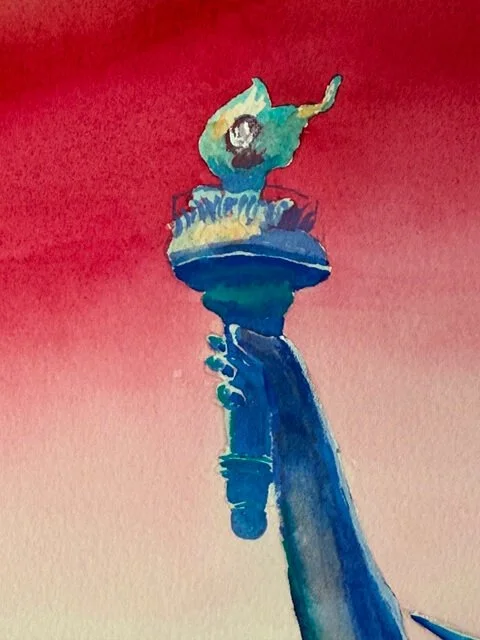 Close-up of the Statue of Liberty's torch, painted in watercolor with patriotic red background