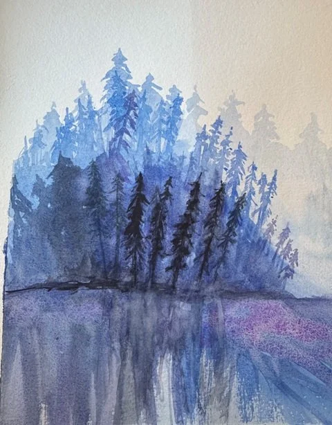 Detail of soft watercolor blending showing reflected forest silhouettes.