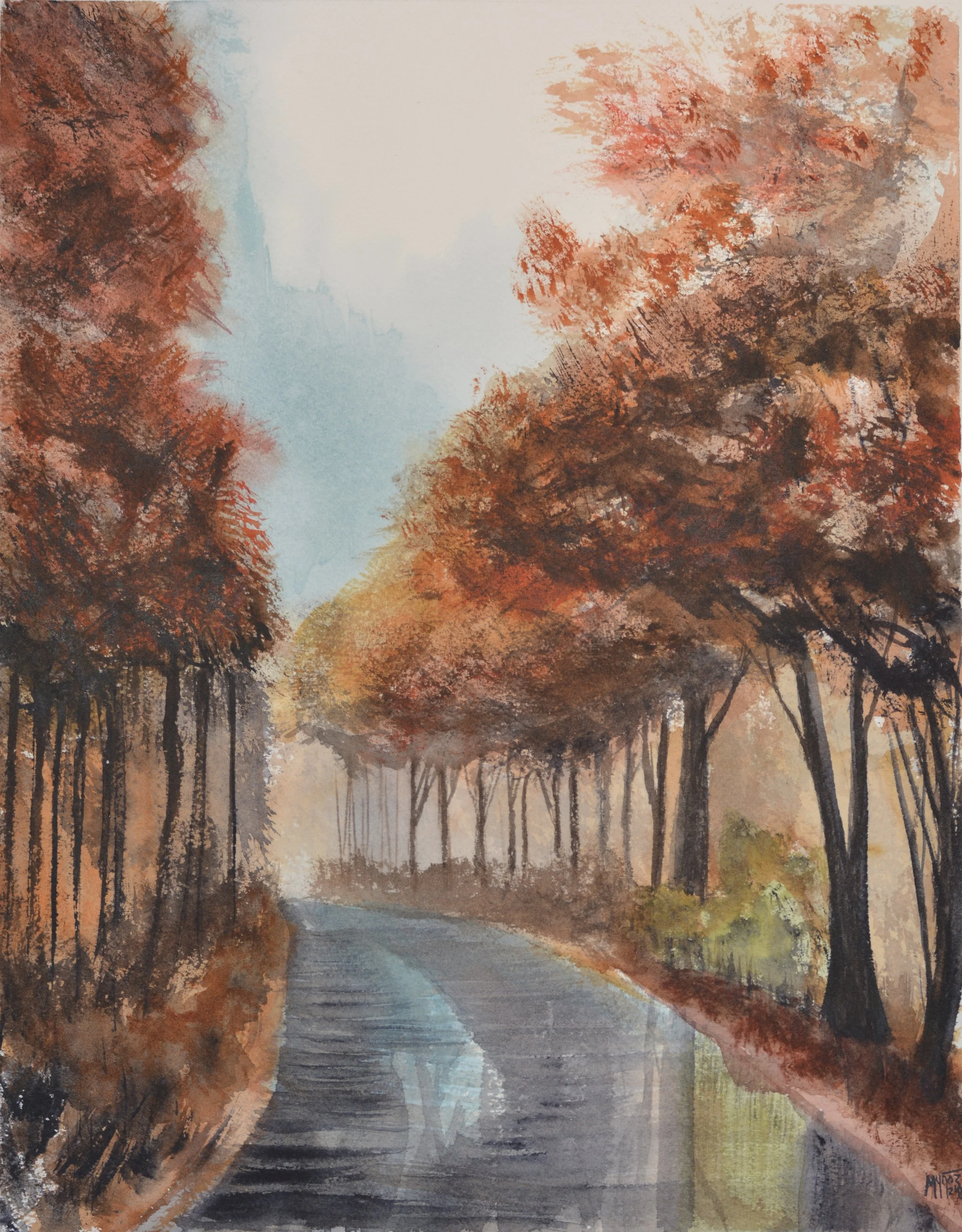 A watercolor landscape painting of a quiet path surrounded by autumn trees. The misty background and soft, blended colors create a peaceful, ethereal atmosphere.
