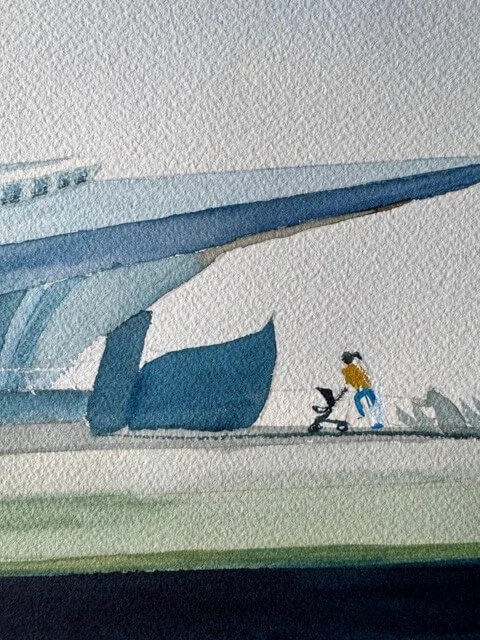 Watercolor detail showing a person pushing a stroller near the museum's entrance