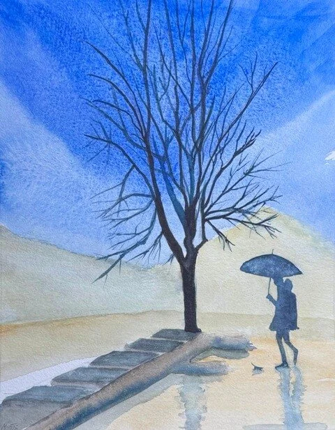Watercolor painting featuring a silhouette of a person with an umbrella next to a leafless tree under a vivid blue sky