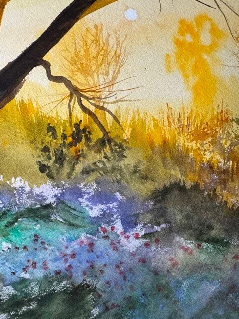 Watercolor detail of purple and red wildflowers with textured brushstrokes and soft mist in the background