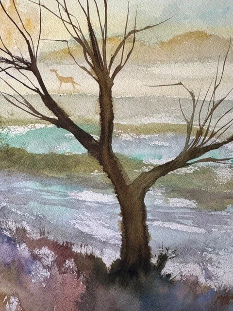 Close-up of a tree against pale blue snow and layered texture