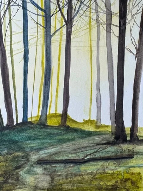 Close-up of tree trunks and branches in "The Waiting Grove" watercolor painting, highlighting fine linear brushwork