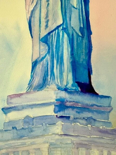 Lower section of the Statue of Liberty with detailed pedestal painted in violet and blue washes.