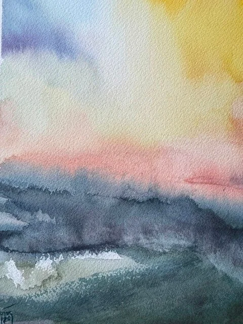 Soft watercolor blending of blue, peach, and gray sky above churning green-gray waves.